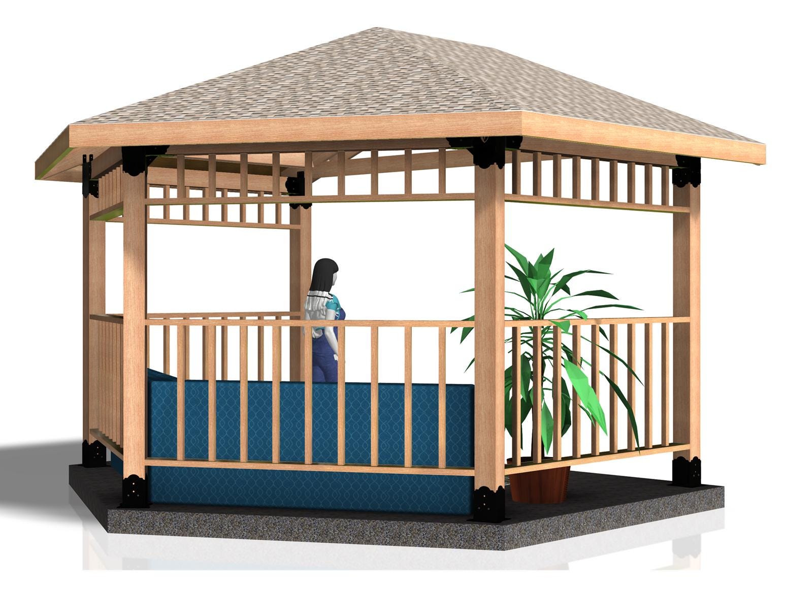 Partial hexagon pergola/gazebo kit with a charming and modern design that offers a cozy outdoor retreat, RioOutdoors.com