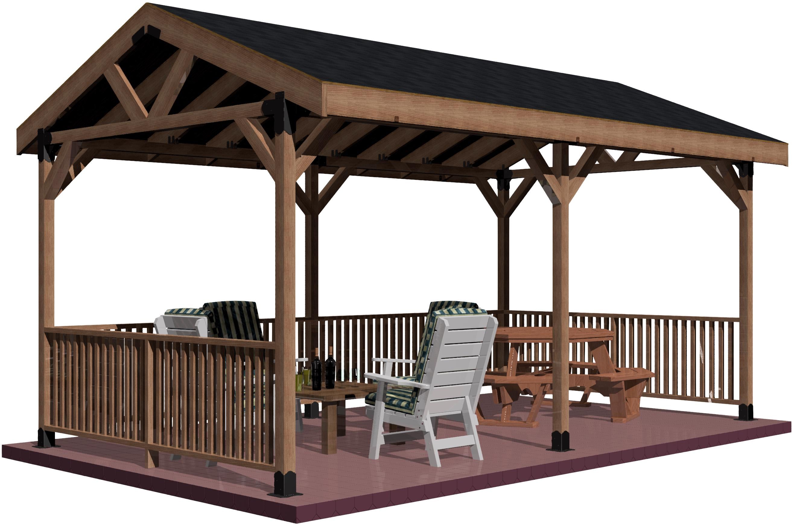 A wooden backyard pavilion with a peaked roof, featuring wooden beams and railings, providing a shaded outdoor living space for entertaining and relaxation.