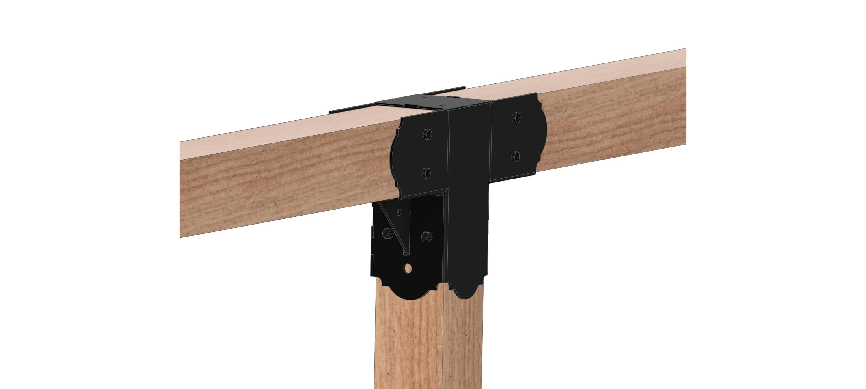 A robust metal connector securely joins two wooden beams, ensuring strength and stability in construction projects. This assembly is essential for structural integrity.