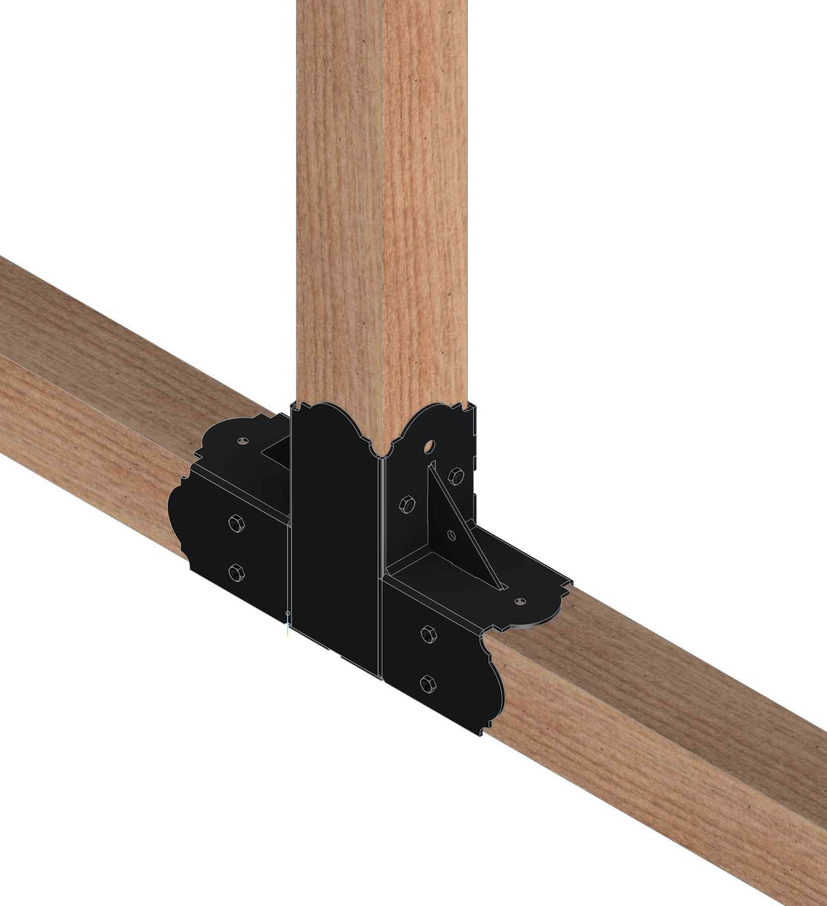 A robust metal connector securely joins two wooden beams, ensuring strength and stability in construction projects. This assembly is essential for structural integrity.