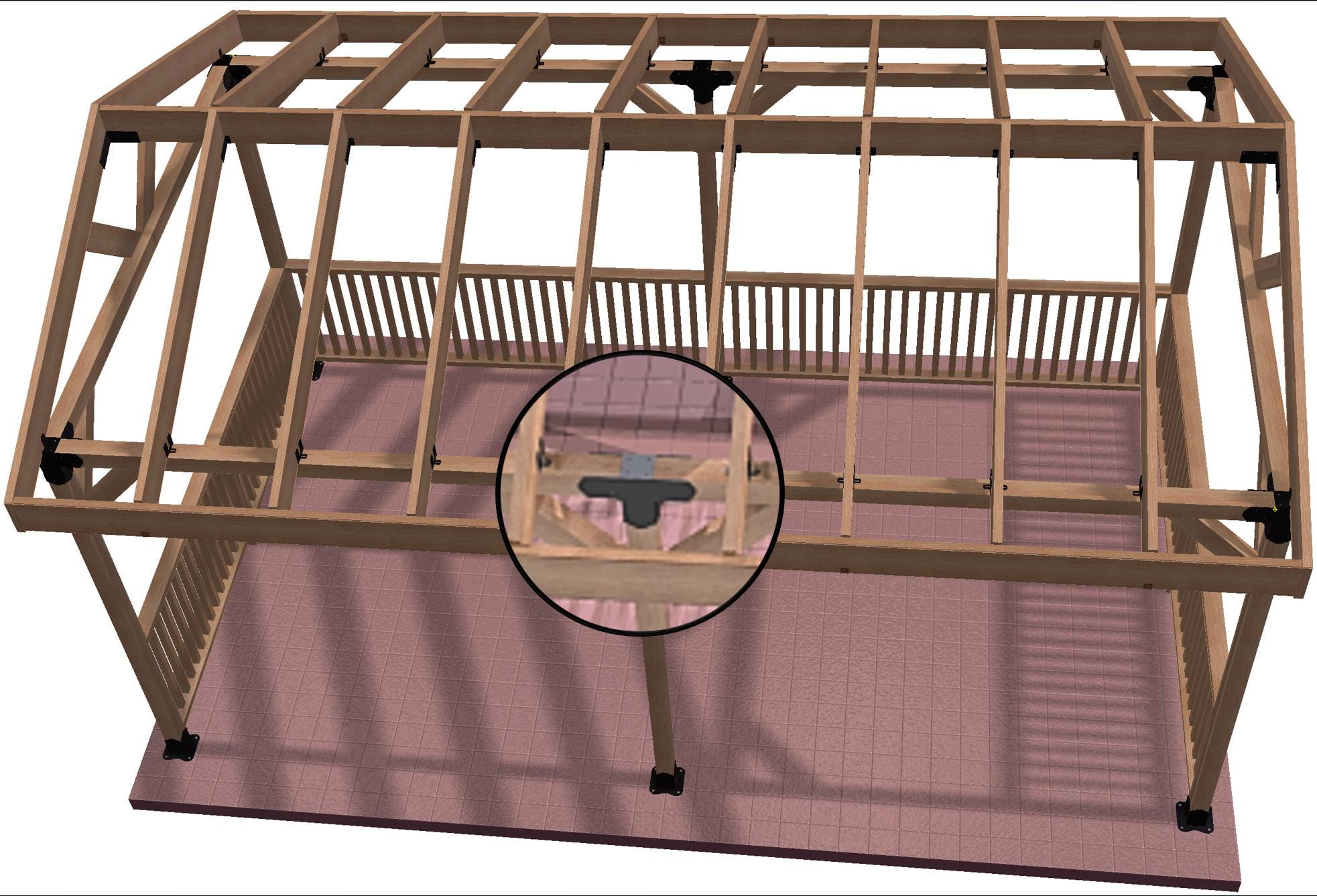 Visual representation of a wooden structure's parts, designed for a DIY 6x6 pavilion brackets kit.