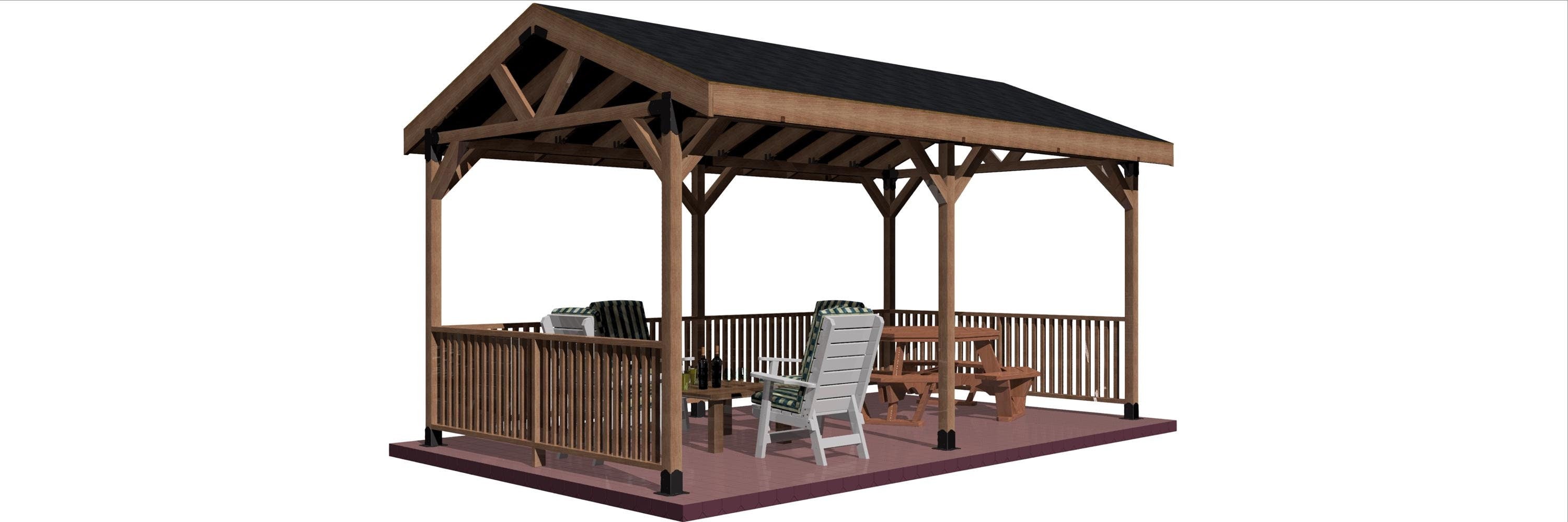 a wooden pavilion featuring a table and chairs, designed with a DIY 4X4 pavilion brackets kit for easy assembly.