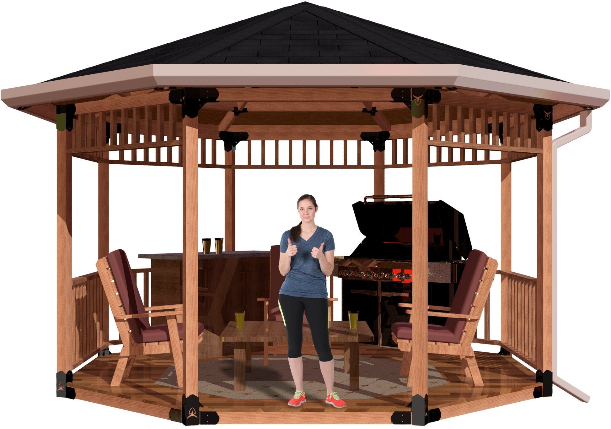 A woman stands inside a spacious wooden gazebo, giving a thumbs up while surrounded by cozy chairs, a table, and a grill. It’s a beautiful day outdoors.