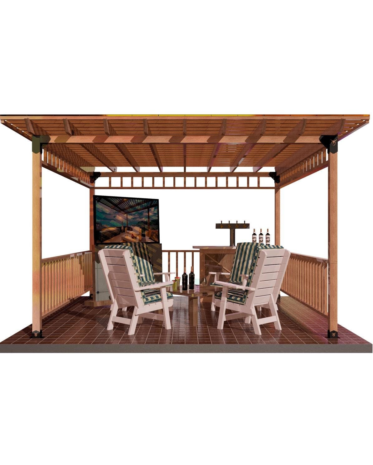 Detailed Rectangle Pergola with comfortable outdoor seating and decor, ideal for relaxation and entertaining, RioOutdoors.com