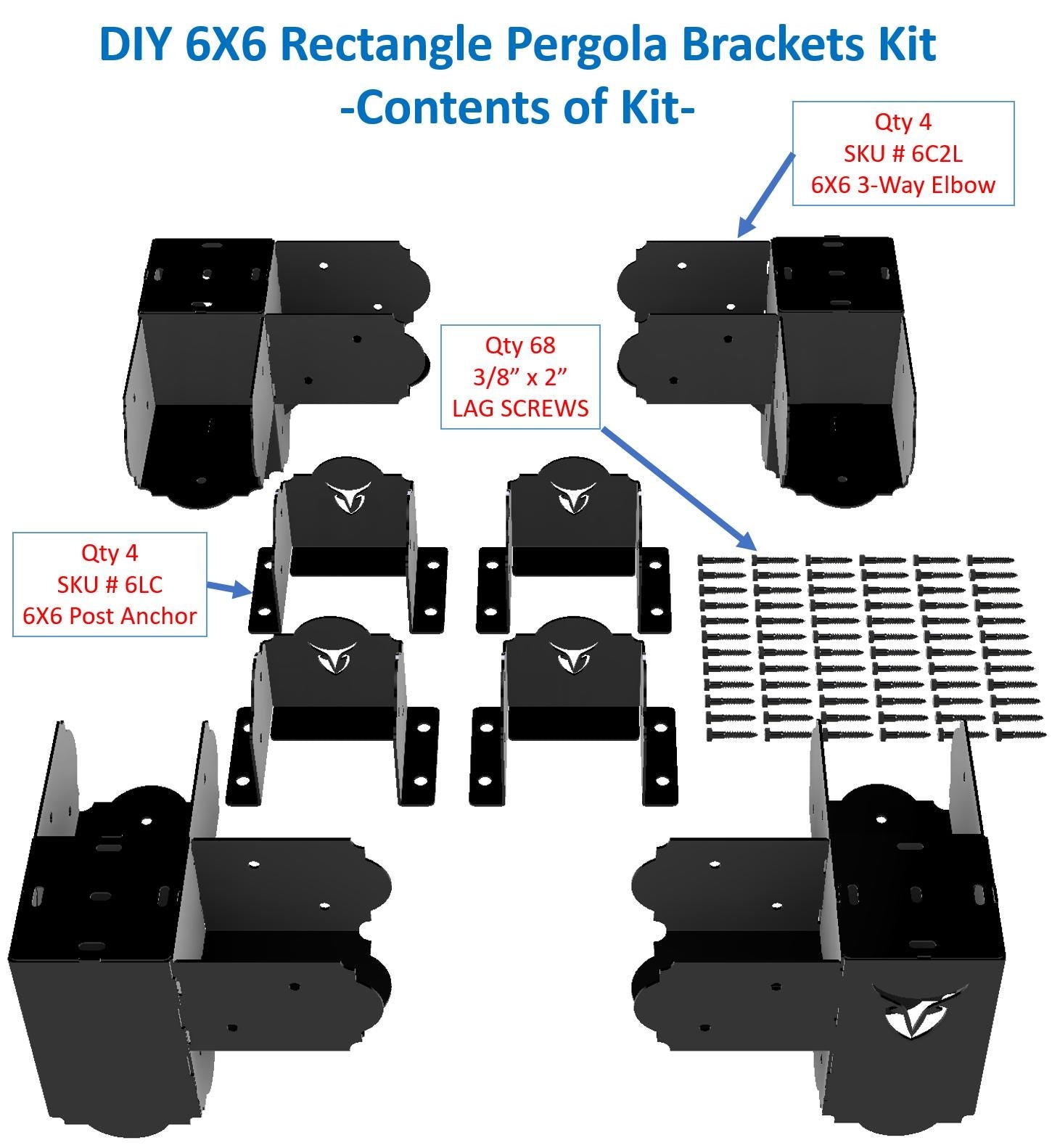 Contents of DIY 6x6 Rectangle Pergola Brackets Kit