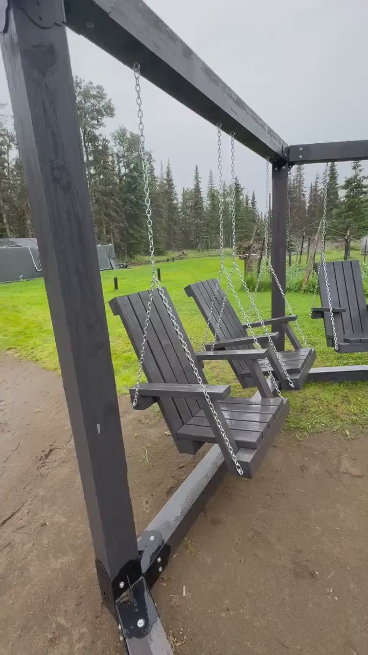 6x6 Floating Deck type Hexagon pergola with Swings in a misty day in the Alaska outdoors.